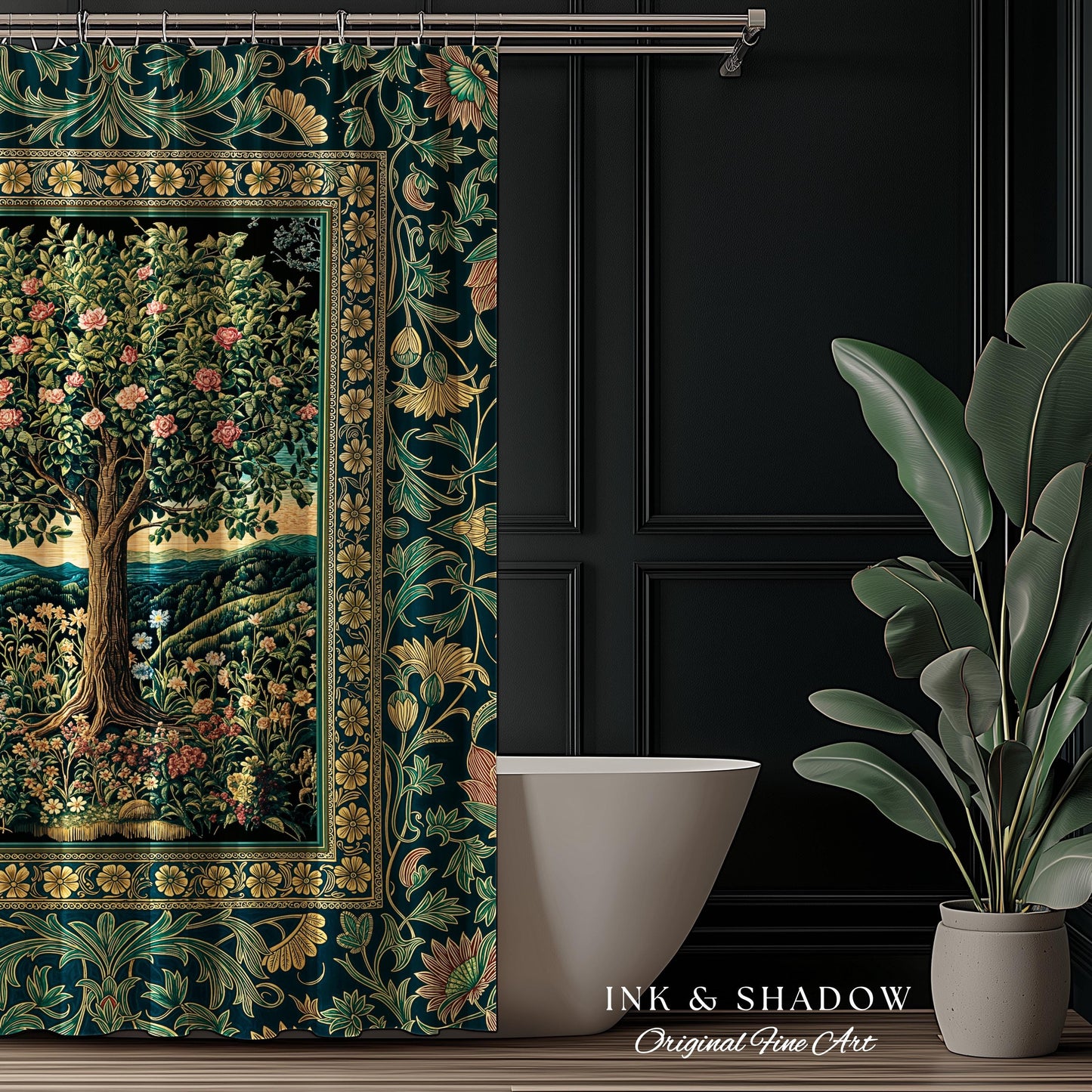 Countryside Sunset Tree of Life Shower Curtain | Elegant Floral Landscape Wildflower Decor Nature Inspired Bathroom Cottagecore Storybook |