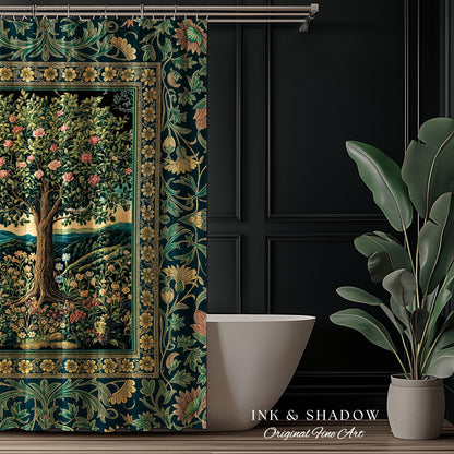 Countryside Sunset Tree of Life Shower Curtain | Elegant Floral Landscape Wildflower Decor Nature Inspired Bathroom Cottagecore Storybook |