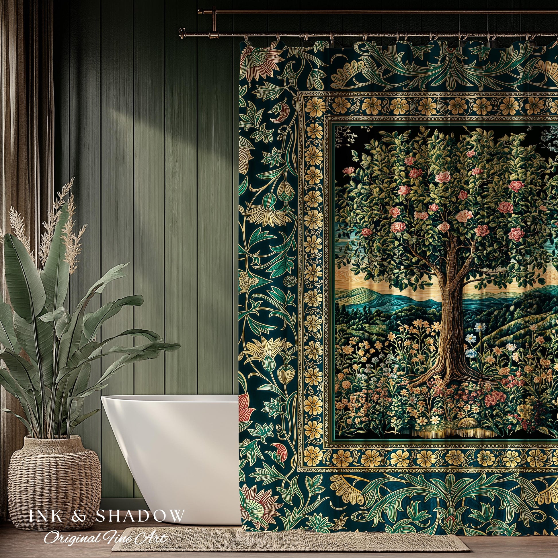 Countryside Sunset Tree of Life Shower Curtain | Elegant Floral Landscape Wildflower Decor Nature Inspired Bathroom Cottagecore Storybook |