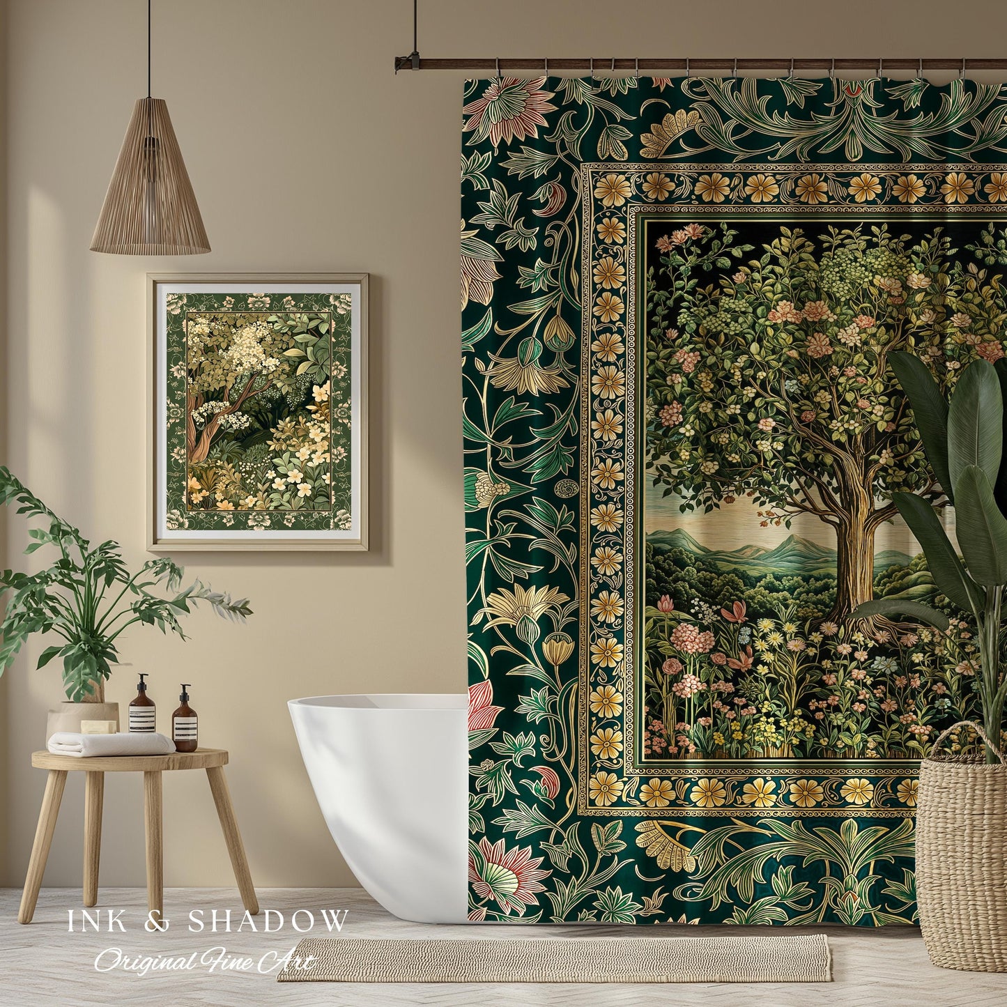 Pastoral Wildflower Garden Tree Shower Curtain | Floral Mountain Decor Romantic Landscape Bathroom Accent Botanical Nature Inspired Romantic