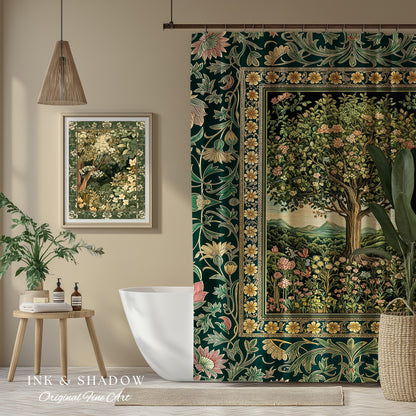Pastoral Wildflower Garden Tree Shower Curtain | Floral Mountain Decor Romantic Landscape Bathroom Accent Botanical Nature Inspired Romantic