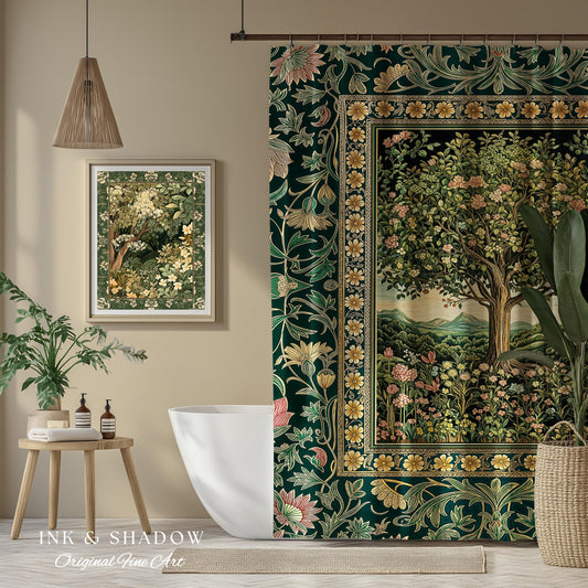 Pastoral Wildflower Garden Tree Shower Curtain | Floral Mountain Decor Romantic Landscape Bathroom Accent Botanical Nature Inspired Romantic