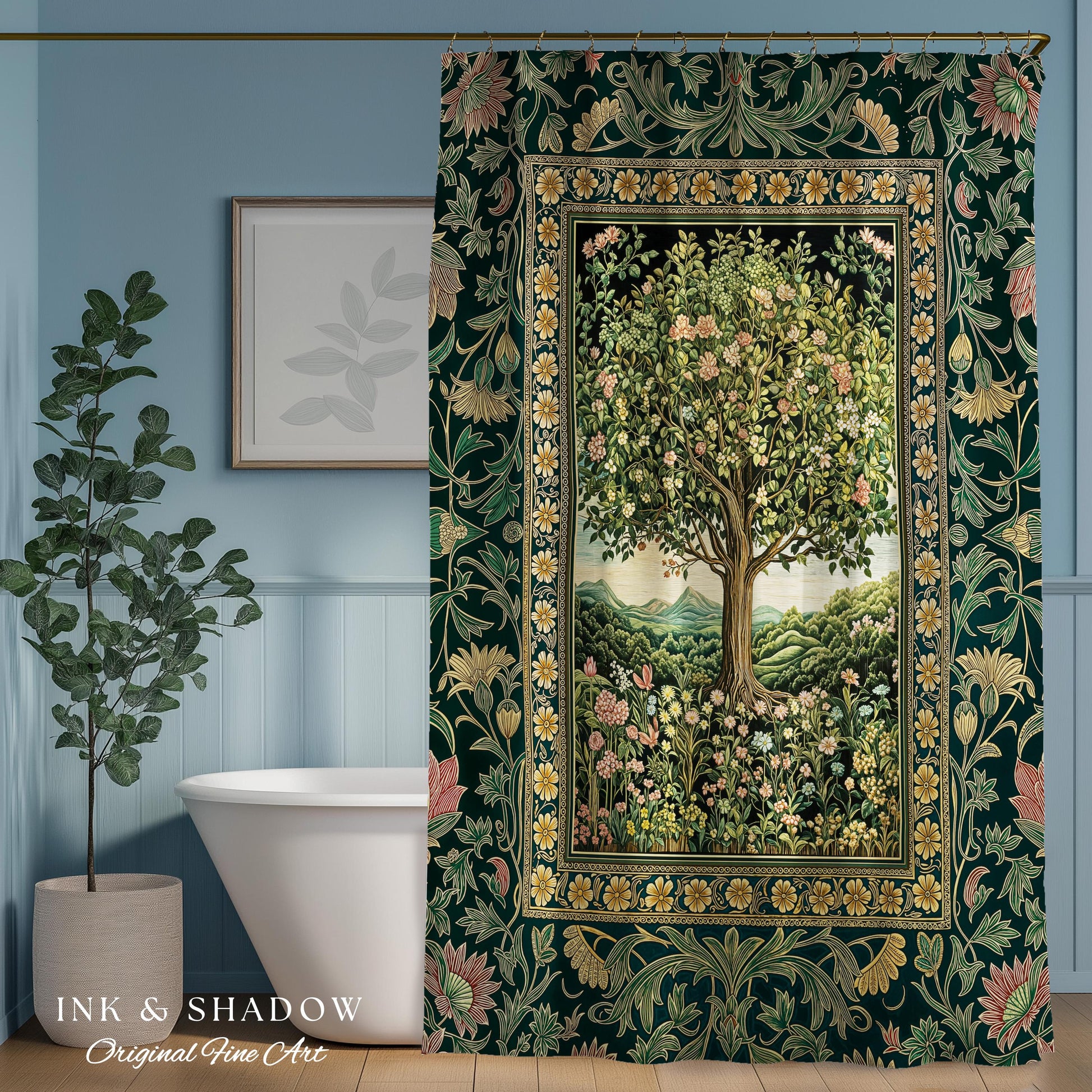 Pastoral Wildflower Garden Tree Shower Curtain | Floral Mountain Decor Romantic Landscape Bathroom Accent Botanical Nature Inspired Romantic