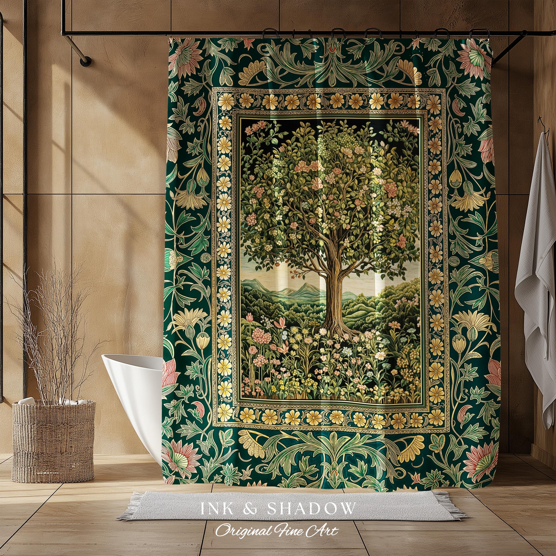 Pastoral Wildflower Garden Tree Shower Curtain | Floral Mountain Decor Romantic Landscape Bathroom Accent Botanical Nature Inspired Romantic