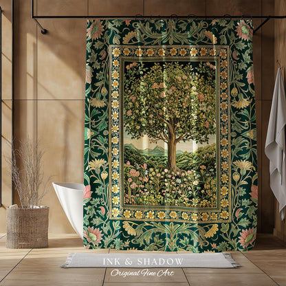 Pastoral Wildflower Garden Tree Shower Curtain | Floral Mountain Decor Romantic Landscape Bathroom Accent Botanical Nature Inspired Romantic