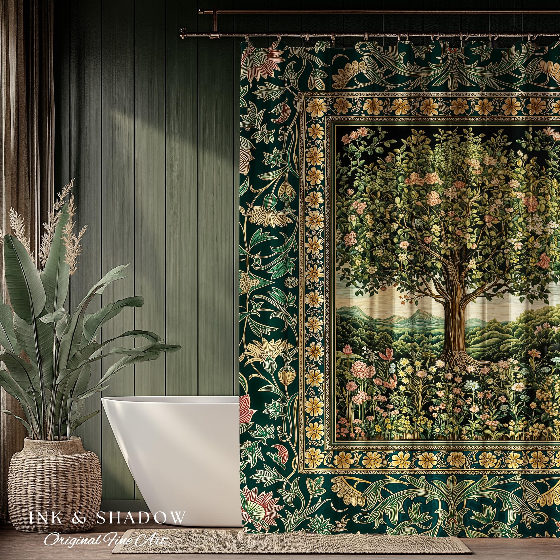 Pastoral Wildflower Garden Tree Shower Curtain | Floral Mountain Decor Romantic Landscape Bathroom Accent Botanical Nature Inspired Romantic