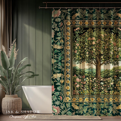 Pastoral Wildflower Garden Tree Shower Curtain | Floral Mountain Decor Romantic Landscape Bathroom Accent Botanical Nature Inspired Romantic