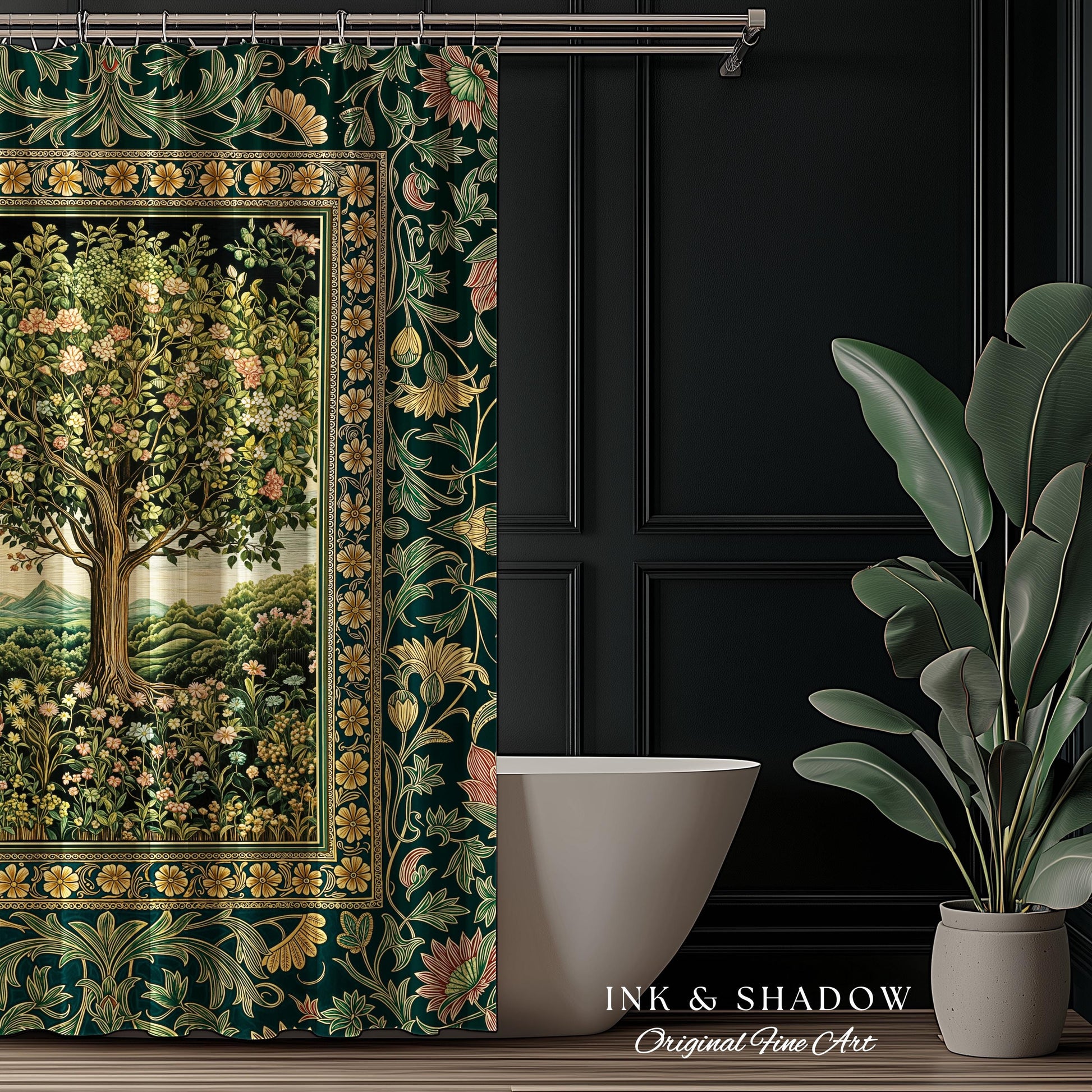 Pastoral Wildflower Garden Tree Shower Curtain | Floral Mountain Decor Romantic Landscape Bathroom Accent Botanical Nature Inspired Romantic