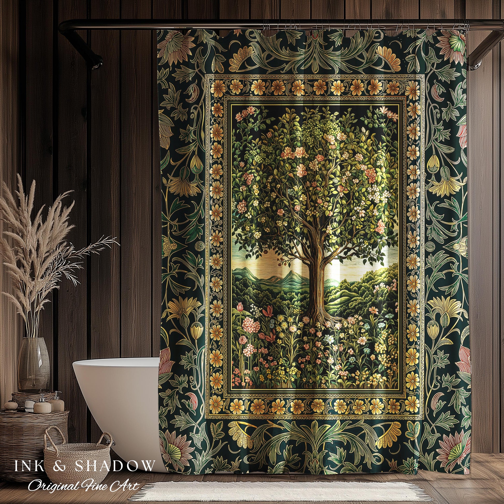 Pastoral Wildflower Garden Tree Shower Curtain | Floral Mountain Decor Romantic Landscape Bathroom Accent Botanical Nature Inspired Romantic