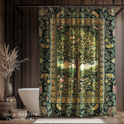 Pastoral Wildflower Garden Tree Shower Curtain | Floral Mountain Decor Romantic Landscape Bathroom Accent Botanical Nature Inspired Romantic
