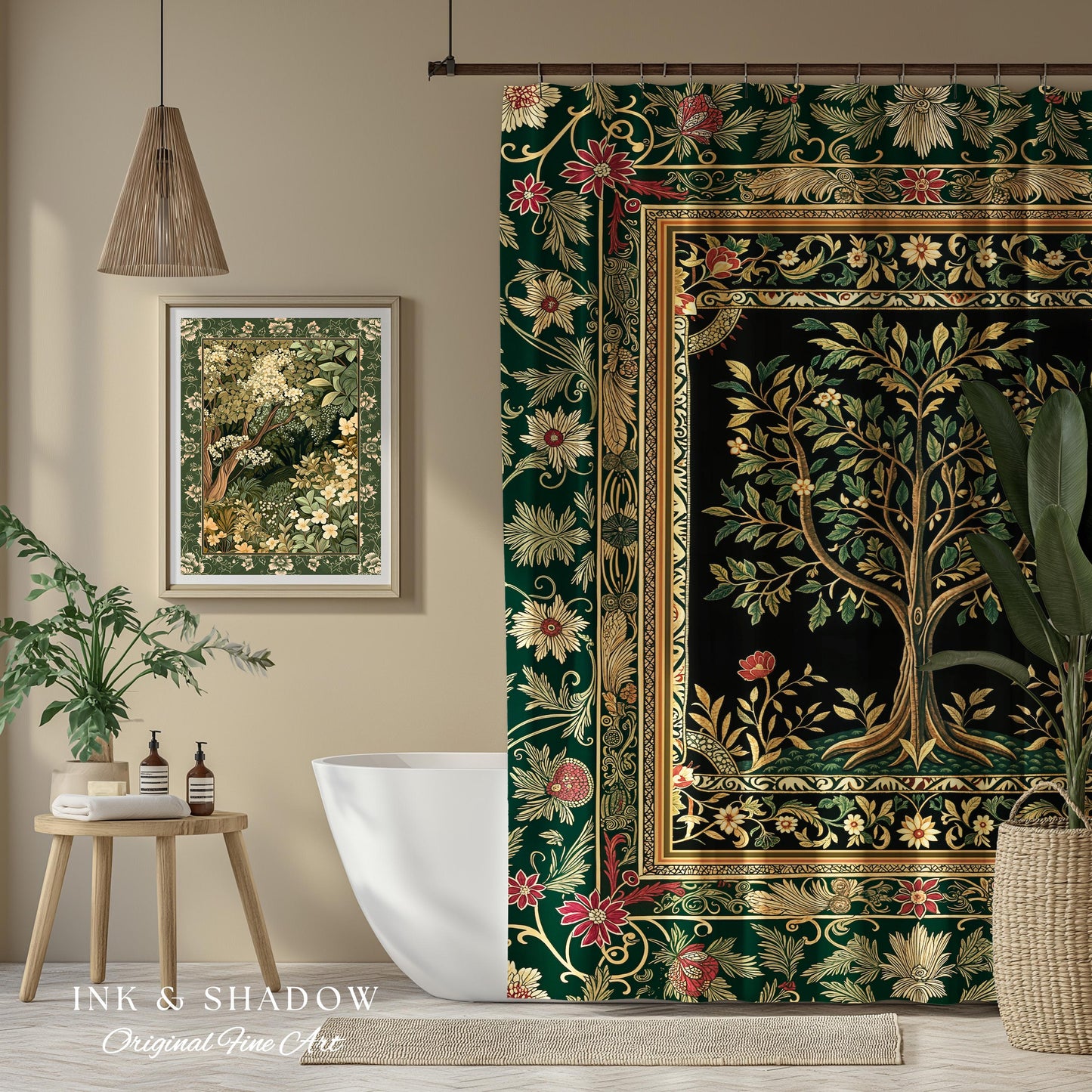 Folk Art Tree of Life Shower Curtain | Whimsical Pastel Botanical Theme Symmetrical Floral Ornate Bathroom Accent Aesthetic Medieval Style