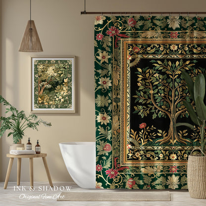 Folk Art Tree of Life Shower Curtain | Whimsical Pastel Botanical Theme Symmetrical Floral Ornate Bathroom Accent Aesthetic Medieval Style