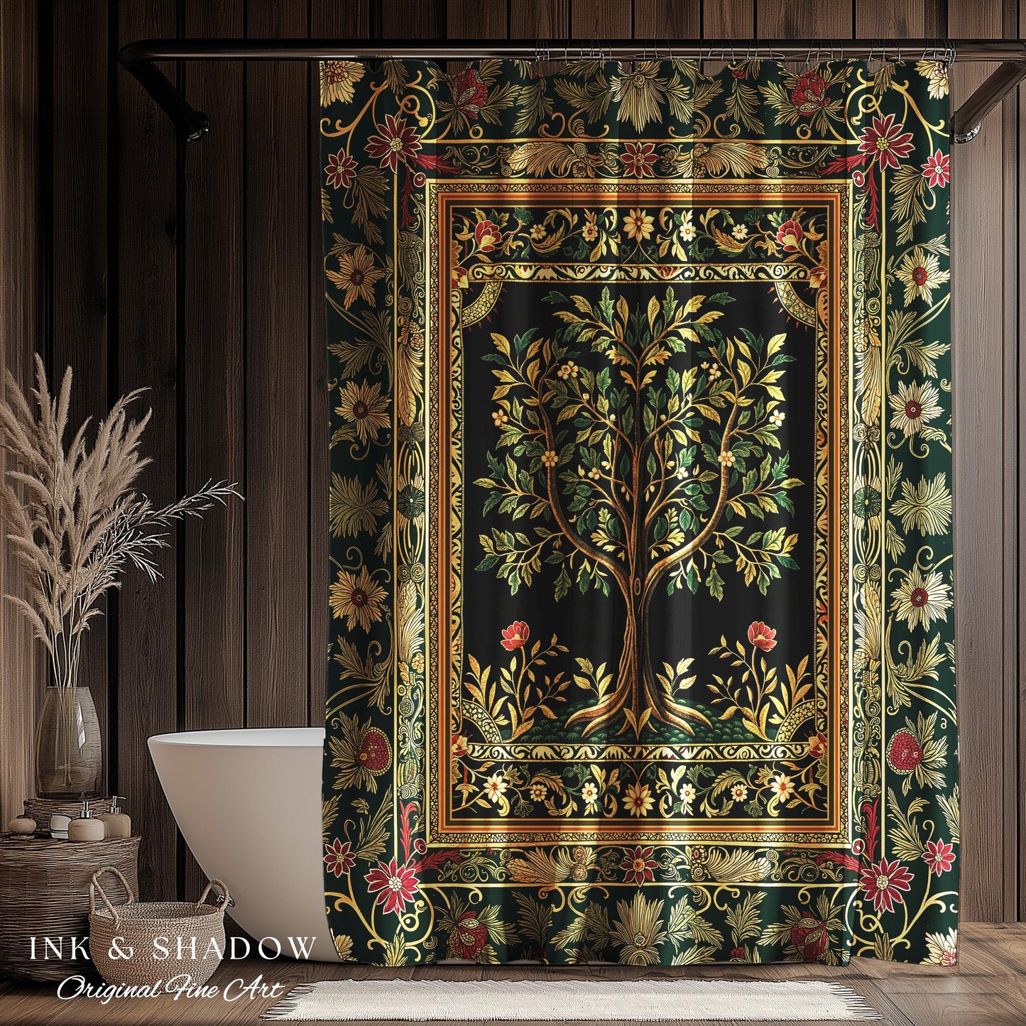 Folk Art Tree of Life Shower Curtain | Whimsical Pastel Botanical Theme Symmetrical Floral Ornate Bathroom Accent Aesthetic Medieval Style