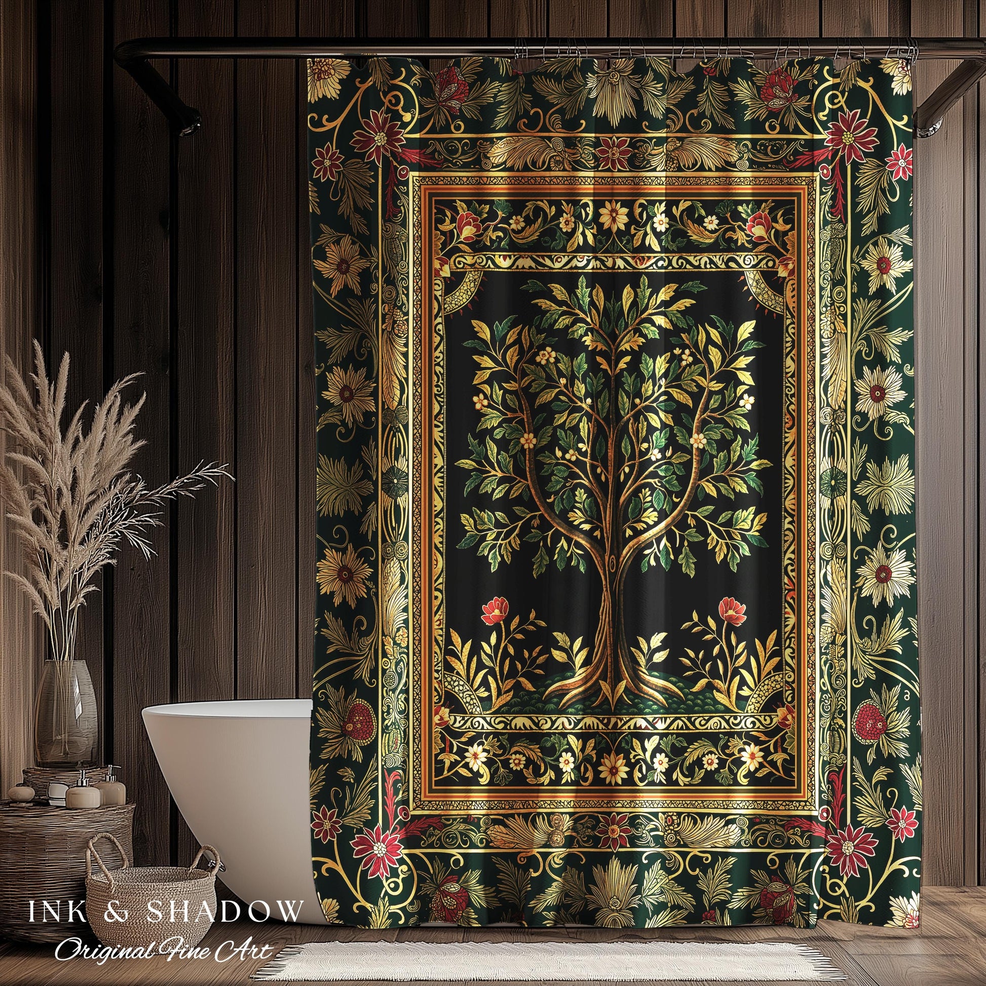 Folk Art Tree of Life Shower Curtain | Whimsical Pastel Botanical Theme Symmetrical Floral Ornate Bathroom Accent Aesthetic Medieval Style