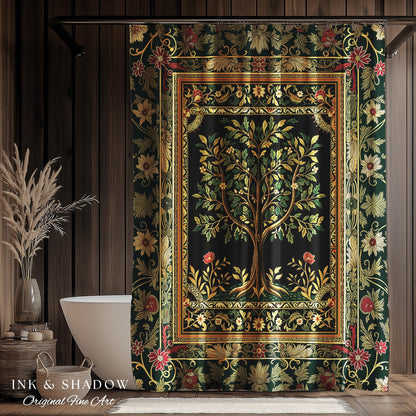 Folk Art Tree of Life Shower Curtain | Whimsical Pastel Botanical Theme Symmetrical Floral Ornate Bathroom Accent Aesthetic Medieval Style