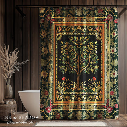 Folk Art Tree of Life Shower Curtain | Whimsical Pastel Botanical Theme Symmetrical Floral Ornate Bathroom Accent Aesthetic Medieval Style