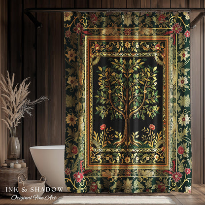 Folk Art Tree of Life Shower Curtain | Whimsical Pastel Botanical Theme Symmetrical Floral Ornate Bathroom Accent Aesthetic Medieval Style