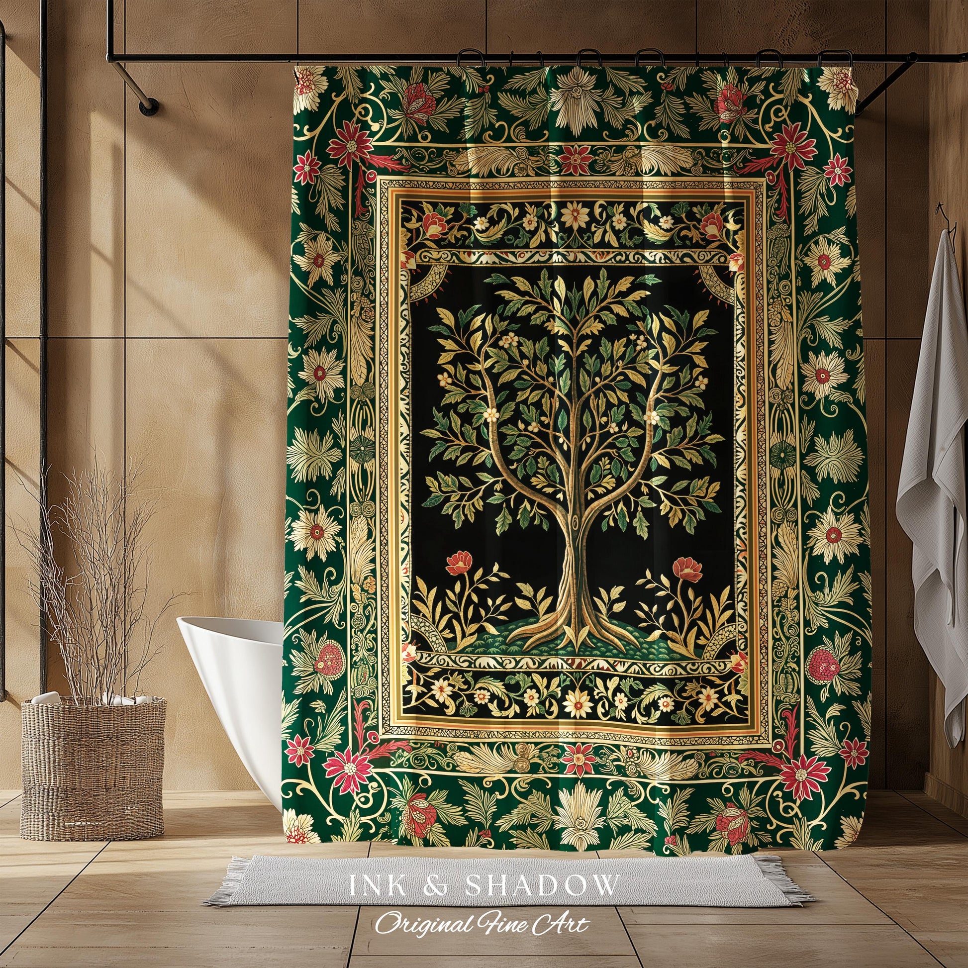 Folk Art Tree of Life Shower Curtain | Whimsical Pastel Botanical Theme Symmetrical Floral Ornate Bathroom Accent Aesthetic Medieval Style