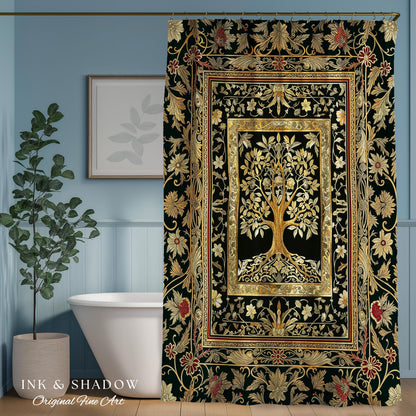 Regal Golden Tree of Life Shower Curtain | Gilt Border Ornate Medieval Design Folklore Style Woodland Decor Maximalist Bathroom Nordic Boho