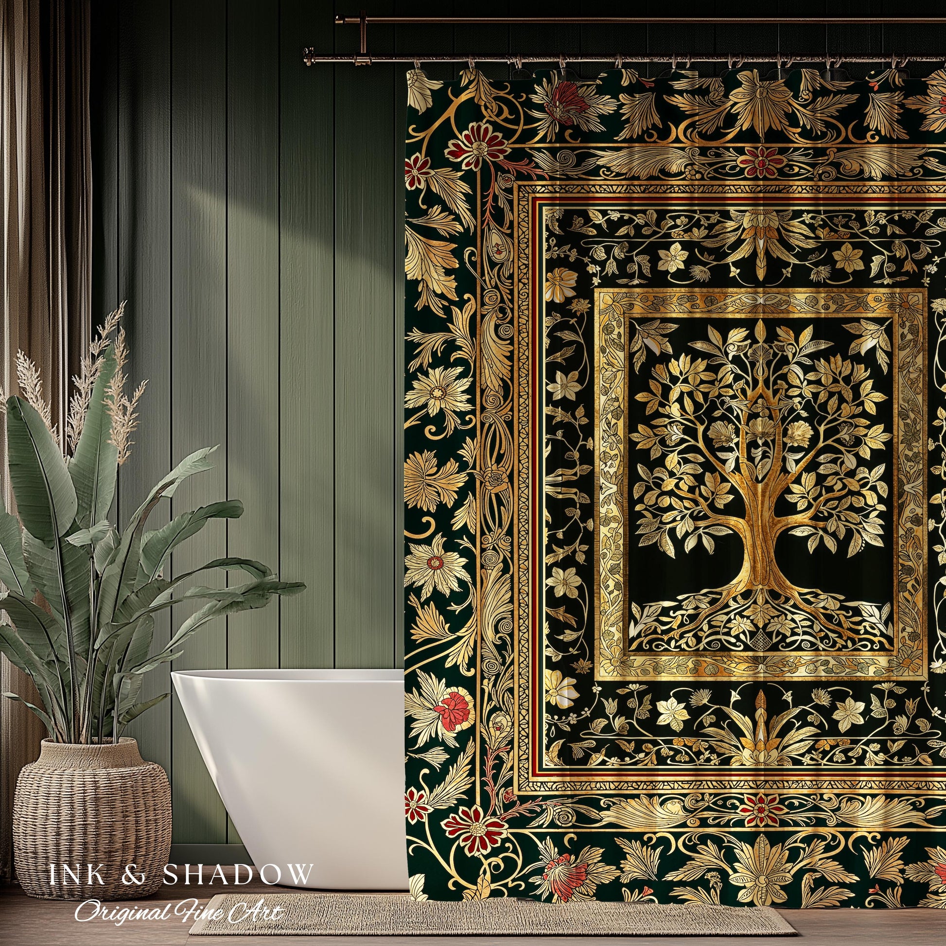 Regal Golden Tree of Life Shower Curtain | Gilt Border Ornate Medieval Design Folklore Style Woodland Decor Maximalist Bathroom Nordic Boho