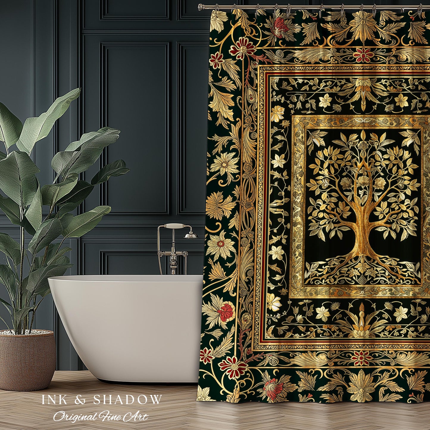 Regal Golden Tree of Life Shower Curtain | Gilt Border Ornate Medieval Design Folklore Style Woodland Decor Maximalist Bathroom Nordic Boho