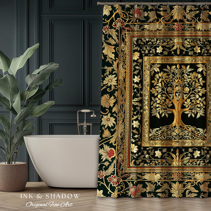 Regal Golden Tree of Life Shower Curtain | Gilt Border Ornate Medieval Design Folklore Style Woodland Decor Maximalist Bathroom Nordic Boho