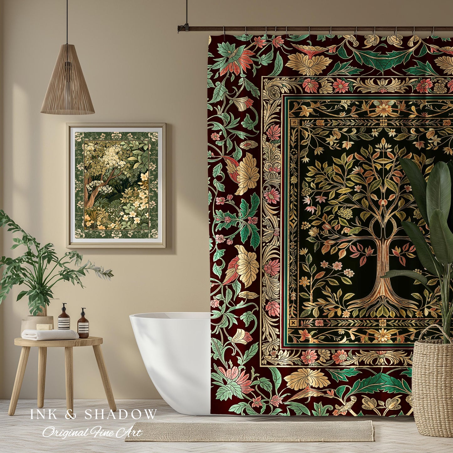 Whimsical Floral Tree of Life Shower Curtain | Eclectic Botanical Ornate Baroque Border Pastel Bathroom Accent Traditional Folk Art Rustic