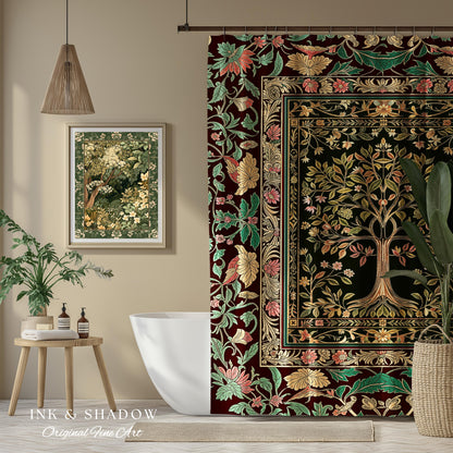 Whimsical Floral Tree of Life Shower Curtain | Eclectic Botanical Ornate Baroque Border Pastel Bathroom Accent Traditional Folk Art Rustic