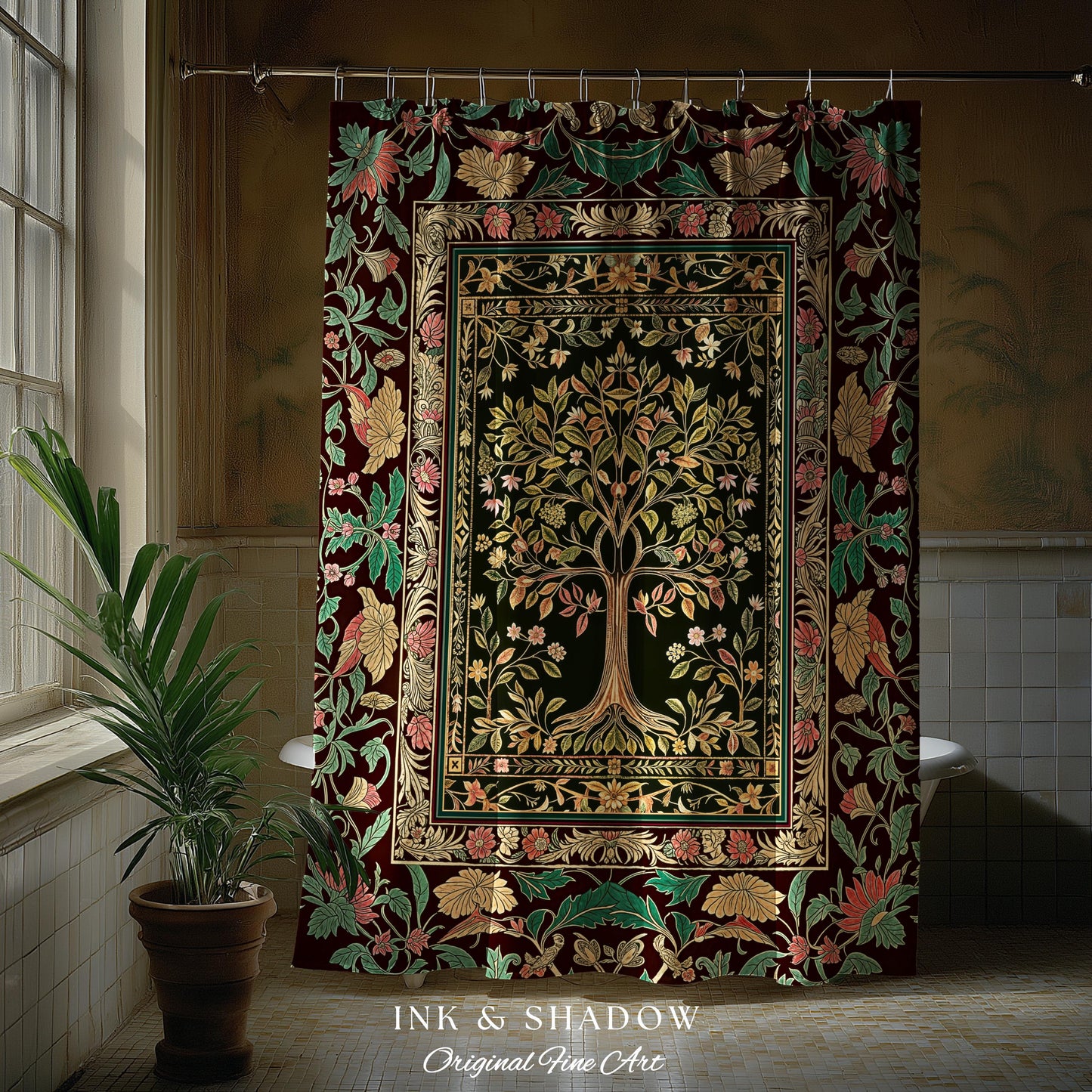 Whimsical Floral Tree of Life Shower Curtain | Eclectic Botanical Ornate Baroque Border Pastel Bathroom Accent Traditional Folk Art Rustic