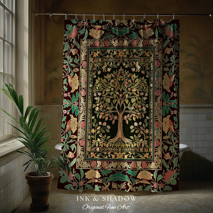 Whimsical Floral Tree of Life Shower Curtain | Eclectic Botanical Ornate Baroque Border Pastel Bathroom Accent Traditional Folk Art Rustic