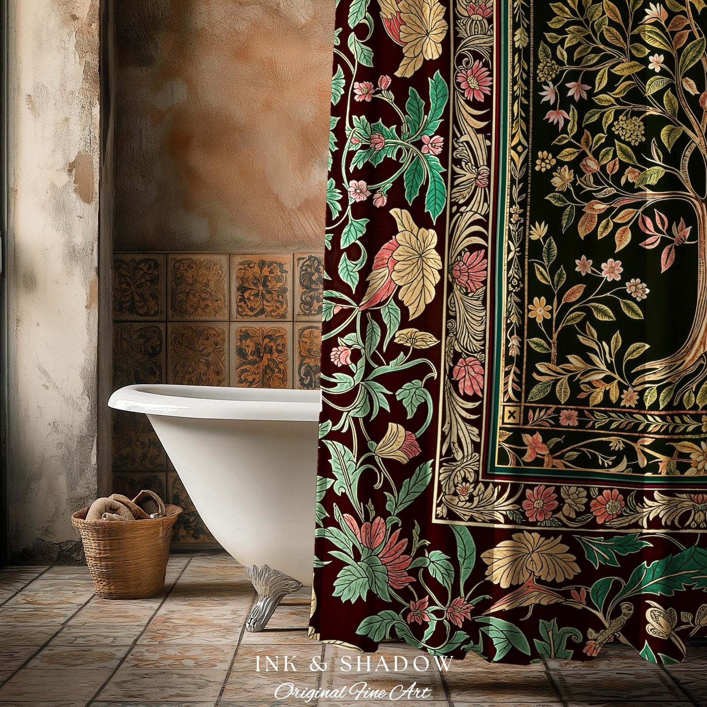 Whimsical Floral Tree of Life Shower Curtain | Eclectic Botanical Ornate Baroque Border Pastel Bathroom Accent Traditional Folk Art Rustic