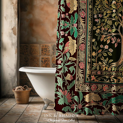 Whimsical Floral Tree of Life Shower Curtain | Eclectic Botanical Ornate Baroque Border Pastel Bathroom Accent Traditional Folk Art Rustic