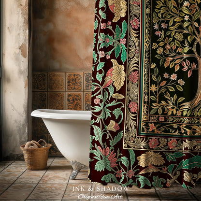 Whimsical Floral Tree of Life Shower Curtain | Eclectic Botanical Ornate Baroque Border Pastel Bathroom Accent Traditional Folk Art Rustic