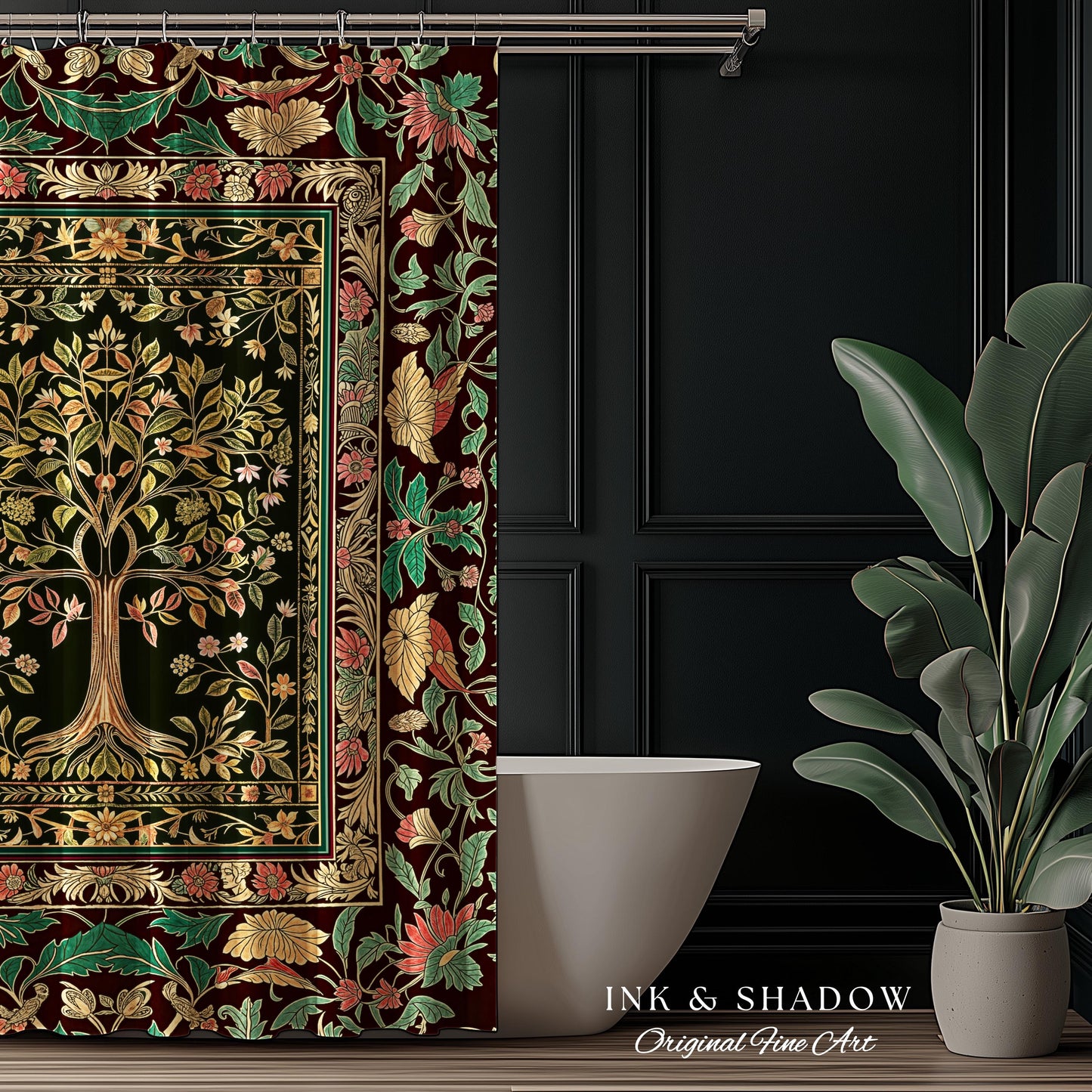 Whimsical Floral Tree of Life Shower Curtain | Eclectic Botanical Ornate Baroque Border Pastel Bathroom Accent Traditional Folk Art Rustic