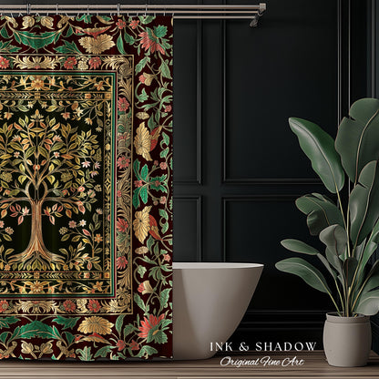 Whimsical Floral Tree of Life Shower Curtain | Eclectic Botanical Ornate Baroque Border Pastel Bathroom Accent Traditional Folk Art Rustic