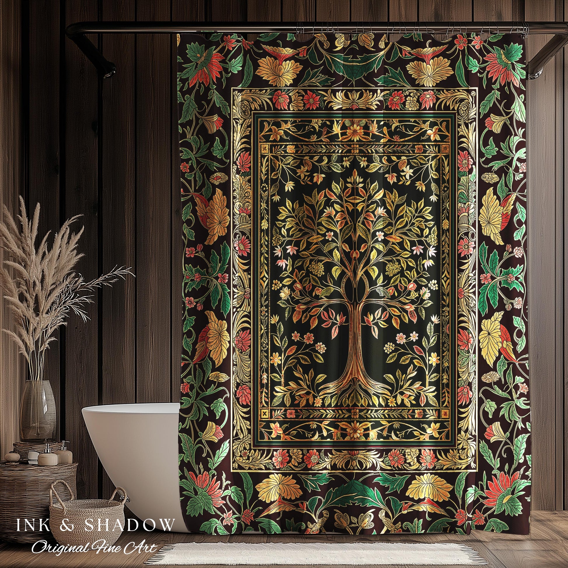 Whimsical Floral Tree of Life Shower Curtain | Eclectic Botanical Ornate Baroque Border Pastel Bathroom Accent Traditional Folk Art Rustic
