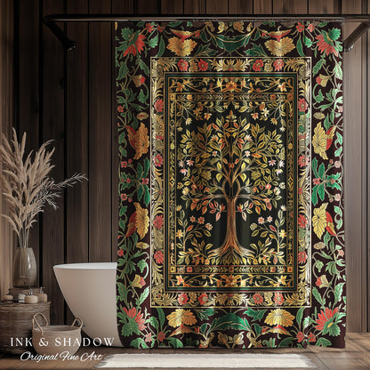 Whimsical Floral Tree of Life Shower Curtain | Eclectic Botanical Ornate Baroque Border Pastel Bathroom Accent Traditional Folk Art Rustic