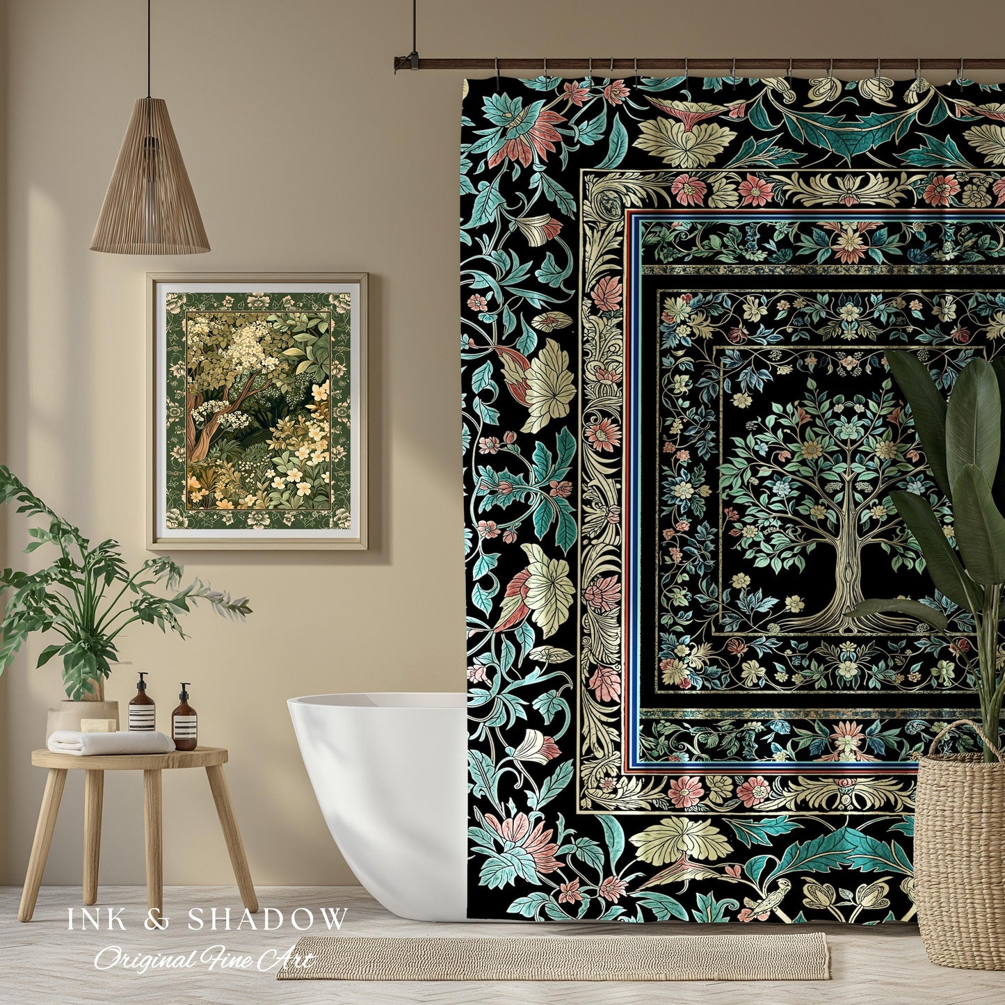 Dark Gothic Pastel Tree of Life Shower Curtain | Ornate Floral Border Whimsical Botanical Pattern Folk Garden Style Classic Bathroom Accent