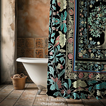 Dark Gothic Pastel Tree of Life Shower Curtain | Ornate Floral Border Whimsical Botanical Pattern Folk Garden Style Classic Bathroom Accent