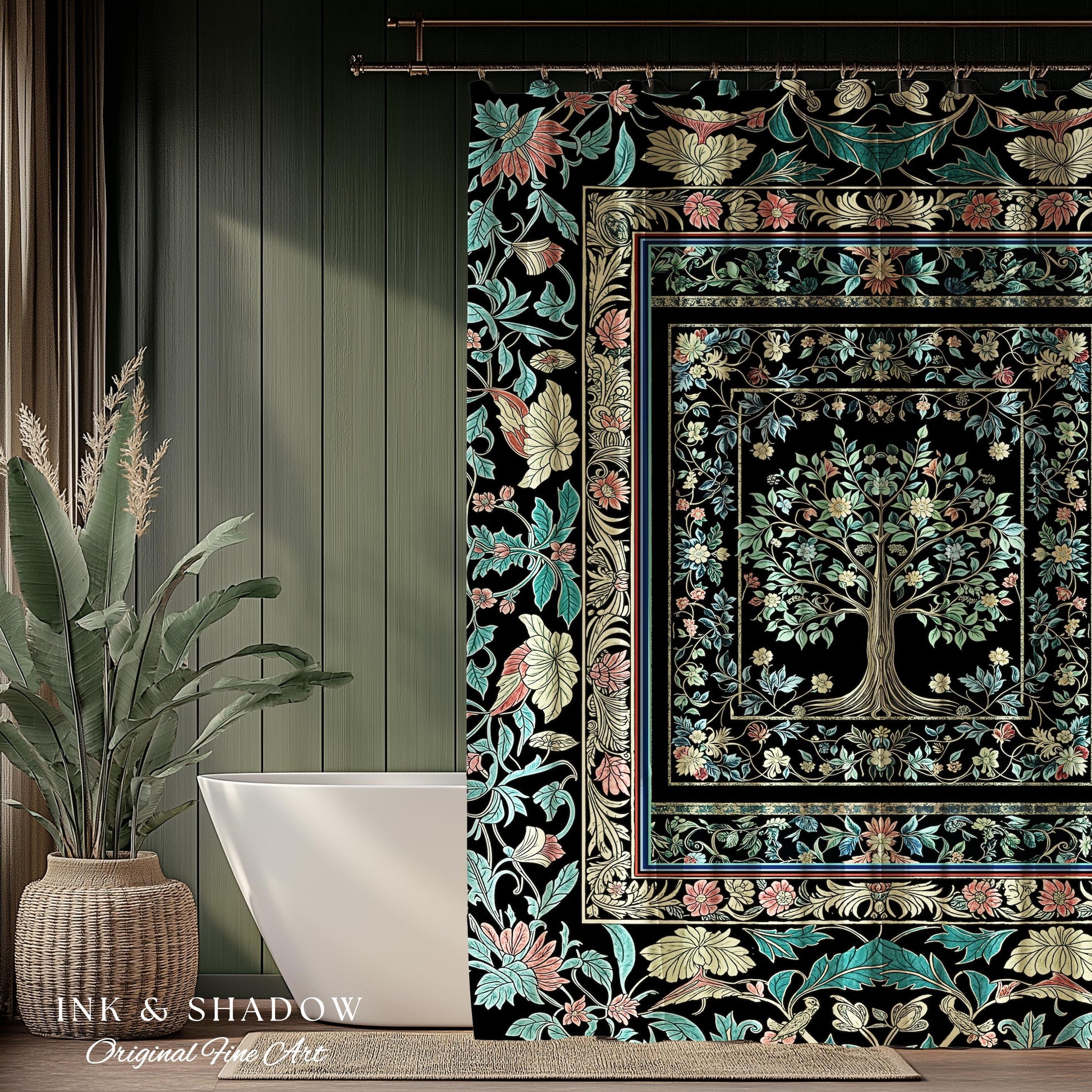Dark Gothic Pastel Tree of Life Shower Curtain | Ornate Floral Border Whimsical Botanical Pattern Folk Garden Style Classic Bathroom Accent