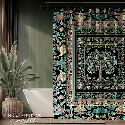 Dark Gothic Pastel Tree of Life Shower Curtain | Ornate Floral Border Whimsical Botanical Pattern Folk Garden Style Classic Bathroom Accent