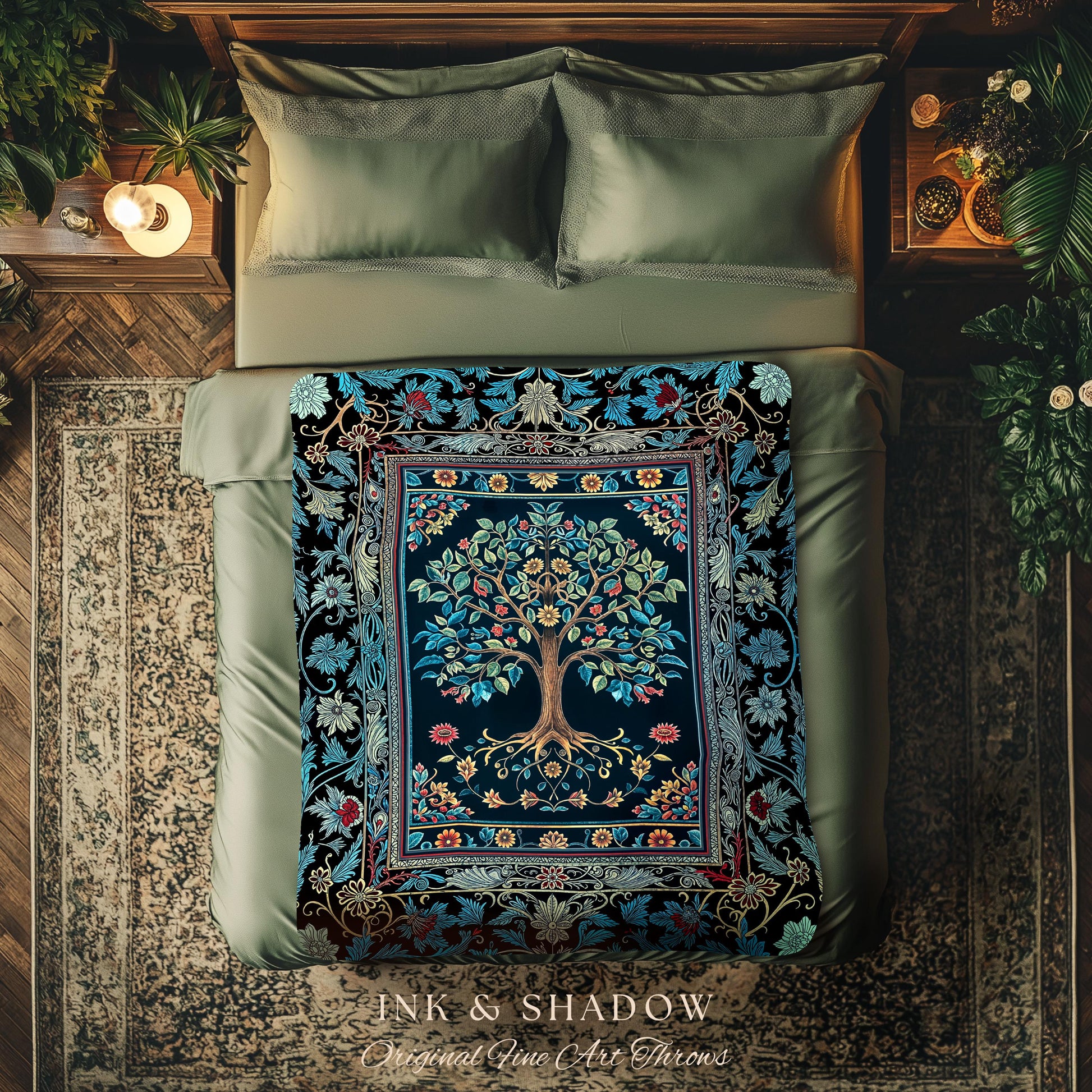 Moody Gothic Blues Tree of Life Throw Blanket | Mystical Garden Theme Vintage Floral Decor Romantic Folk Art Forestcore Woven Tapestry Boho