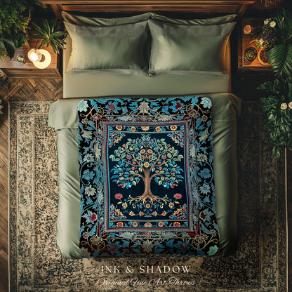 Moody Gothic Blues Tree of Life Throw Blanket | Mystical Garden Theme Vintage Floral Decor Romantic Folk Art Forestcore Woven Tapestry Boho