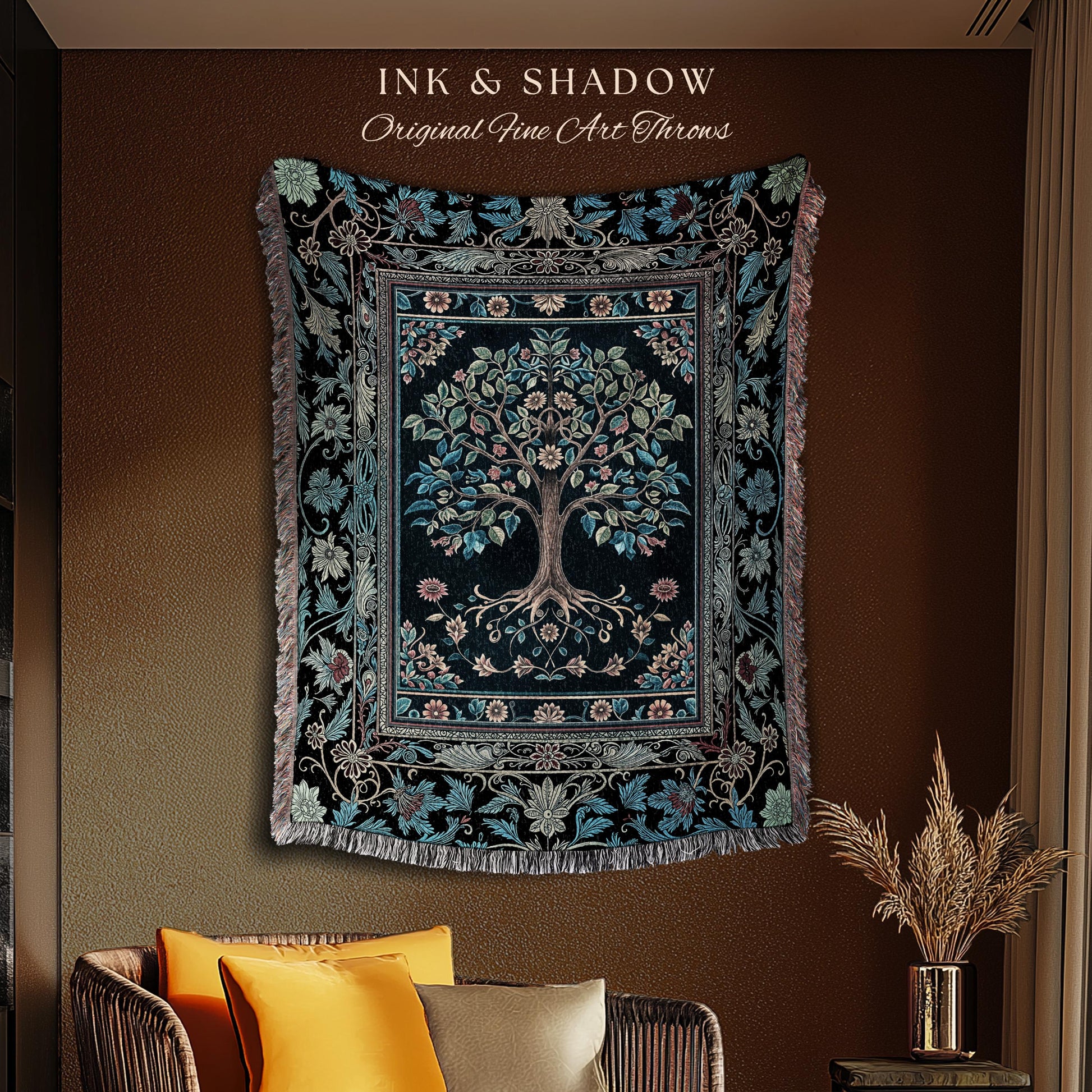Moody Gothic Blues Tree of Life Throw Blanket | Mystical Garden Theme Vintage Floral Decor Romantic Folk Art Forestcore Woven Tapestry Boho