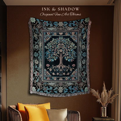Moody Gothic Blues Tree of Life Throw Blanket | Mystical Garden Theme Vintage Floral Decor Romantic Folk Art Forestcore Woven Tapestry Boho