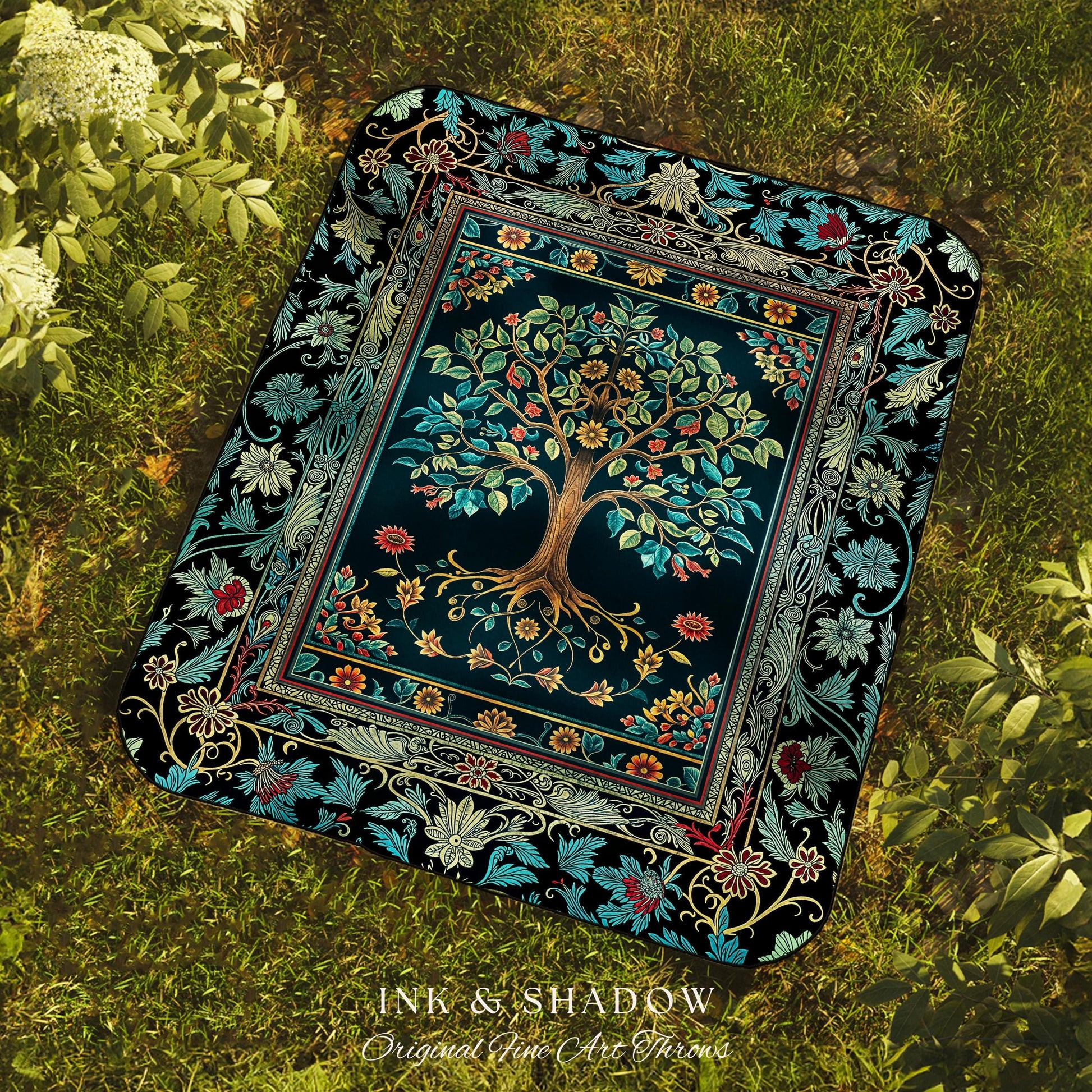 Moody Gothic Blues Tree of Life Throw Blanket | Mystical Garden Theme Vintage Floral Decor Romantic Folk Art Forestcore Woven Tapestry Boho