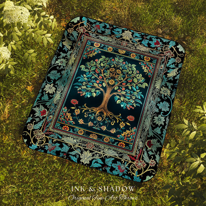 Moody Gothic Blues Tree of Life Throw Blanket | Mystical Garden Theme Vintage Floral Decor Romantic Folk Art Forestcore Woven Tapestry Boho