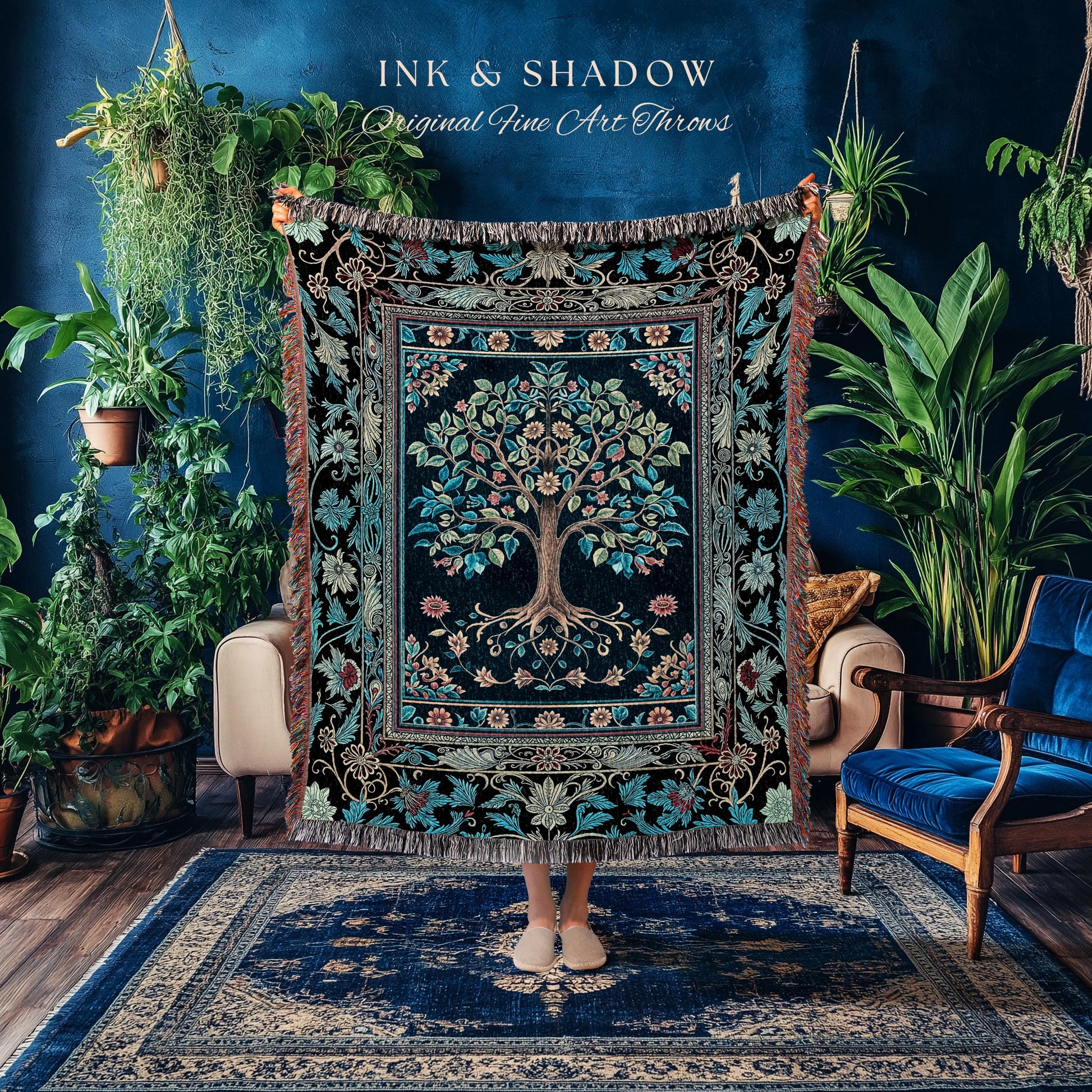 Moody Gothic Blues Tree of Life Throw Blanket | Mystical Garden Theme Vintage Floral Decor Romantic Folk Art Forestcore Woven Tapestry Boho