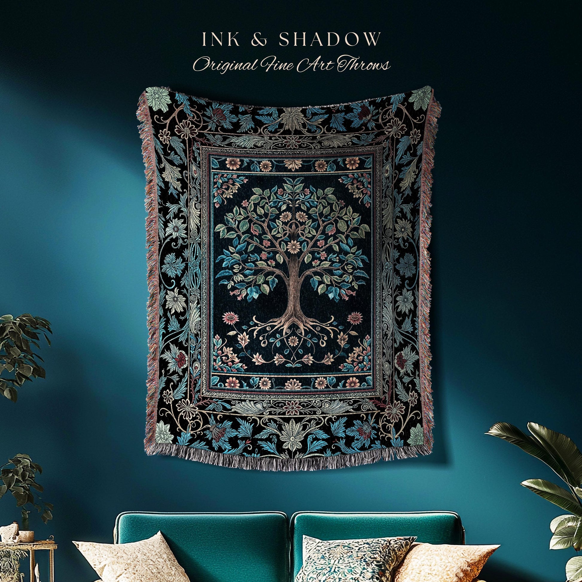 Moody Gothic Blues Tree of Life Throw Blanket | Mystical Garden Theme Vintage Floral Decor Romantic Folk Art Forestcore Woven Tapestry Boho