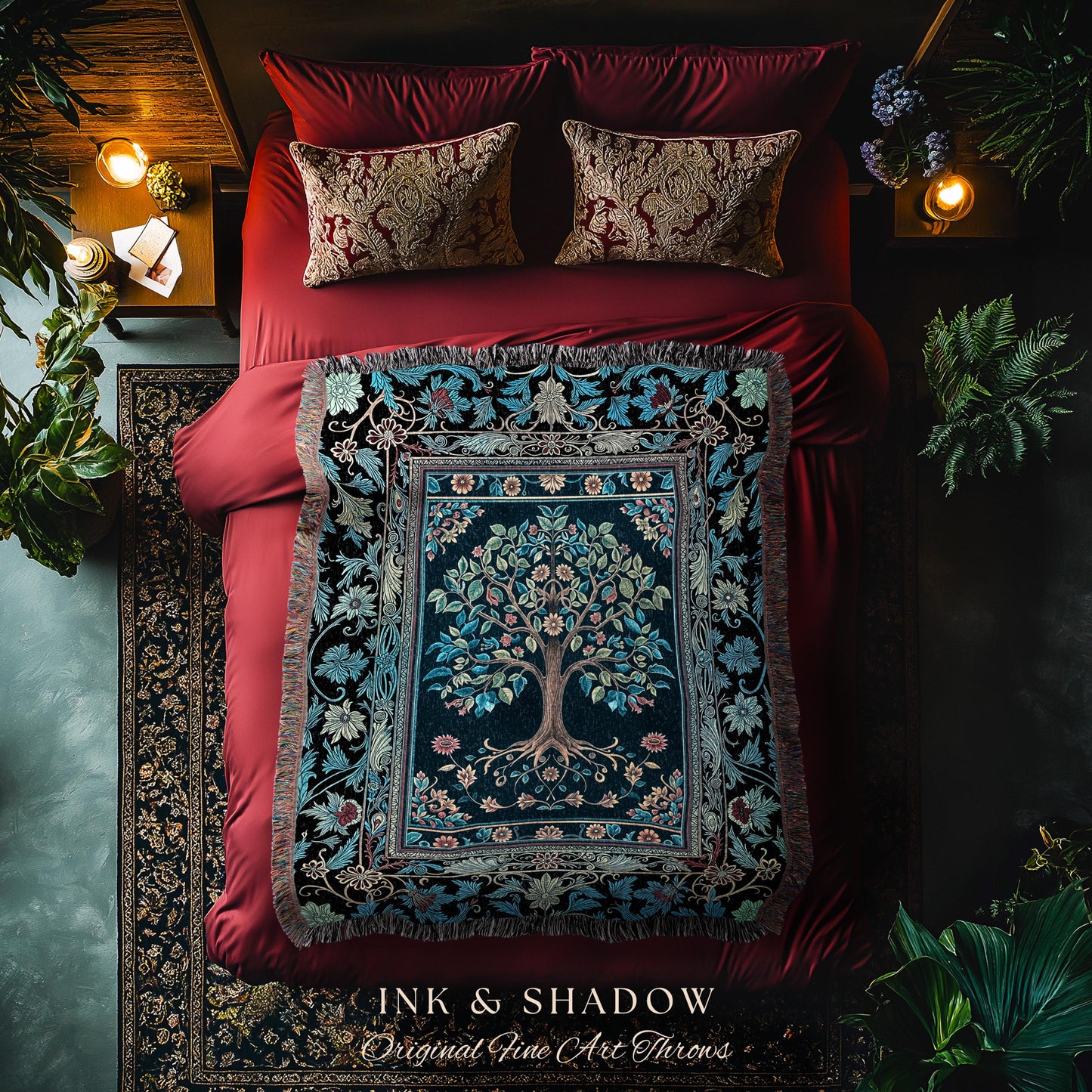 Moody Gothic Blues Tree of Life Throw Blanket | Mystical Garden Theme Vintage Floral Decor Romantic Folk Art Forestcore Woven Tapestry Boho